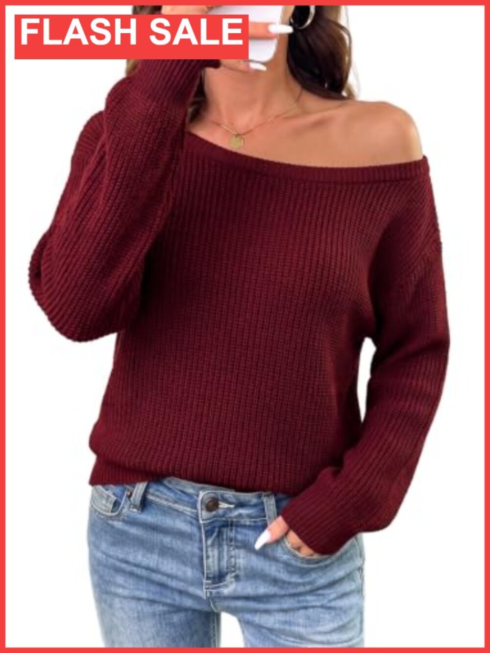 Off Shoulder Oversized Ribbed Knit Pullover Sweater Loose Fit